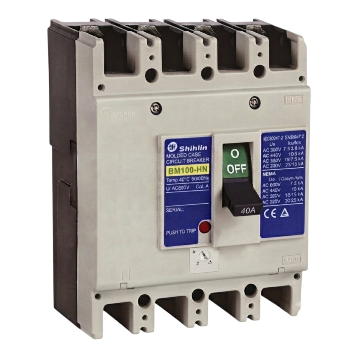 Shihlin BM100-HN molded circuit breaker, 3P, 63A, 400V AC, featuring a gray plastic housing, black terminal covers, blue and white label stickers, and a black switch handle.