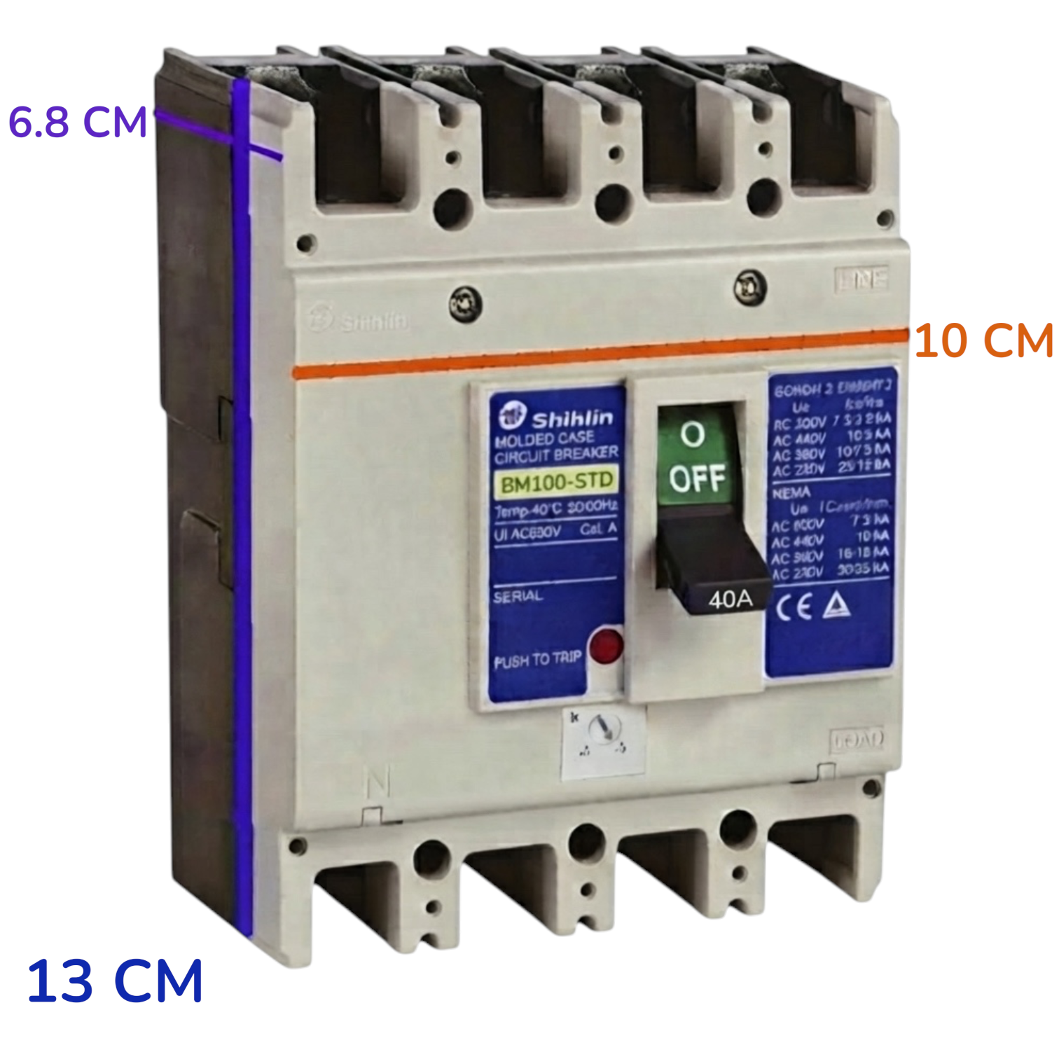 Shihlin BM100-STD molded circuit breaker with dimension annotations showing 13 cm width, 6.8 cm depth, and 10 cm height on a white background.