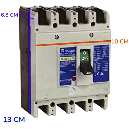 Shihlin BM100-STD molded circuit breaker with dimension annotations showing 13 cm width, 6.8 cm depth, and 10 cm height on a white background.