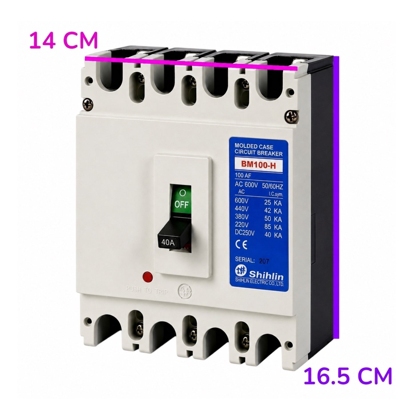 Shihlin BM100-H molded case circuit breaker shown on a white background with dimension overlays indicating 14 cm width and 16.5 cm height.