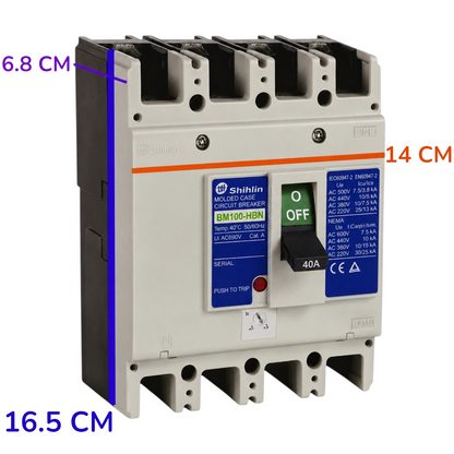 Shihlin BM100-HBN molded gas circuit breaker with dimension annotations showing 16.5 cm, 14 cm, and 6.