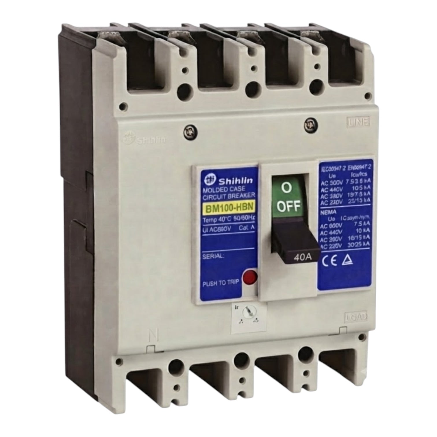 Shihlin BM100-HBN molded circuit breaker with a gray plastic housing, black terminal blocks, blue labels, and a green/off switch.