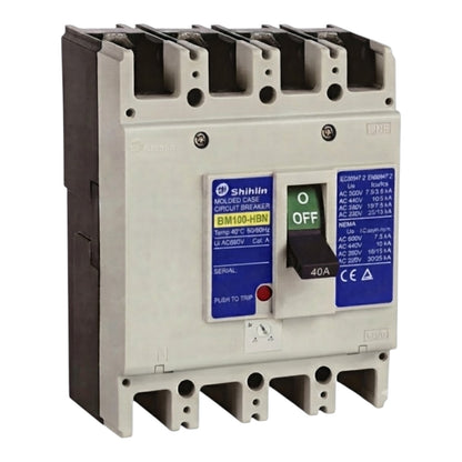 Shihlin BM100-HBN molded circuit breaker with a gray plastic housing, black terminal blocks, blue labels, and a green/off switch.