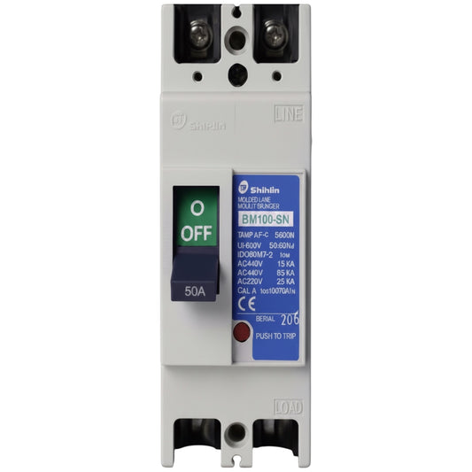 Shinrin BN100-SN 50A multi-line voltage switch module with a gray plastic housing, blue and green front labels, and terminal connectors at the top and bottom.