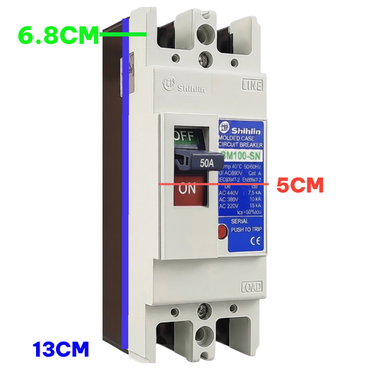 A Shihlin molded trip breaker electrical component with dimension annotations showing 6.8cm, 5cm, and 13cm measurements on a white background.