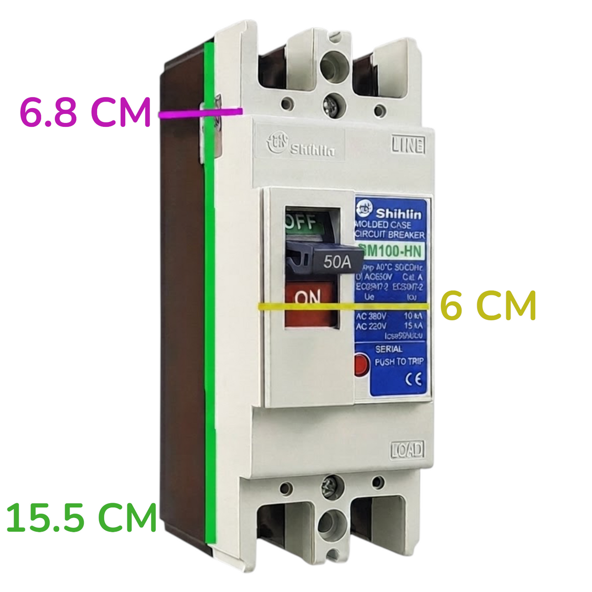Shihlin BM100-HN 2P circuit breaker with dimension annotations showing 6.8 cm, 6 cm, and 15.