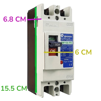 Shihlin BM100-HN 2P circuit breaker with dimension annotations showing 6.8 cm, 6 cm, and 15.