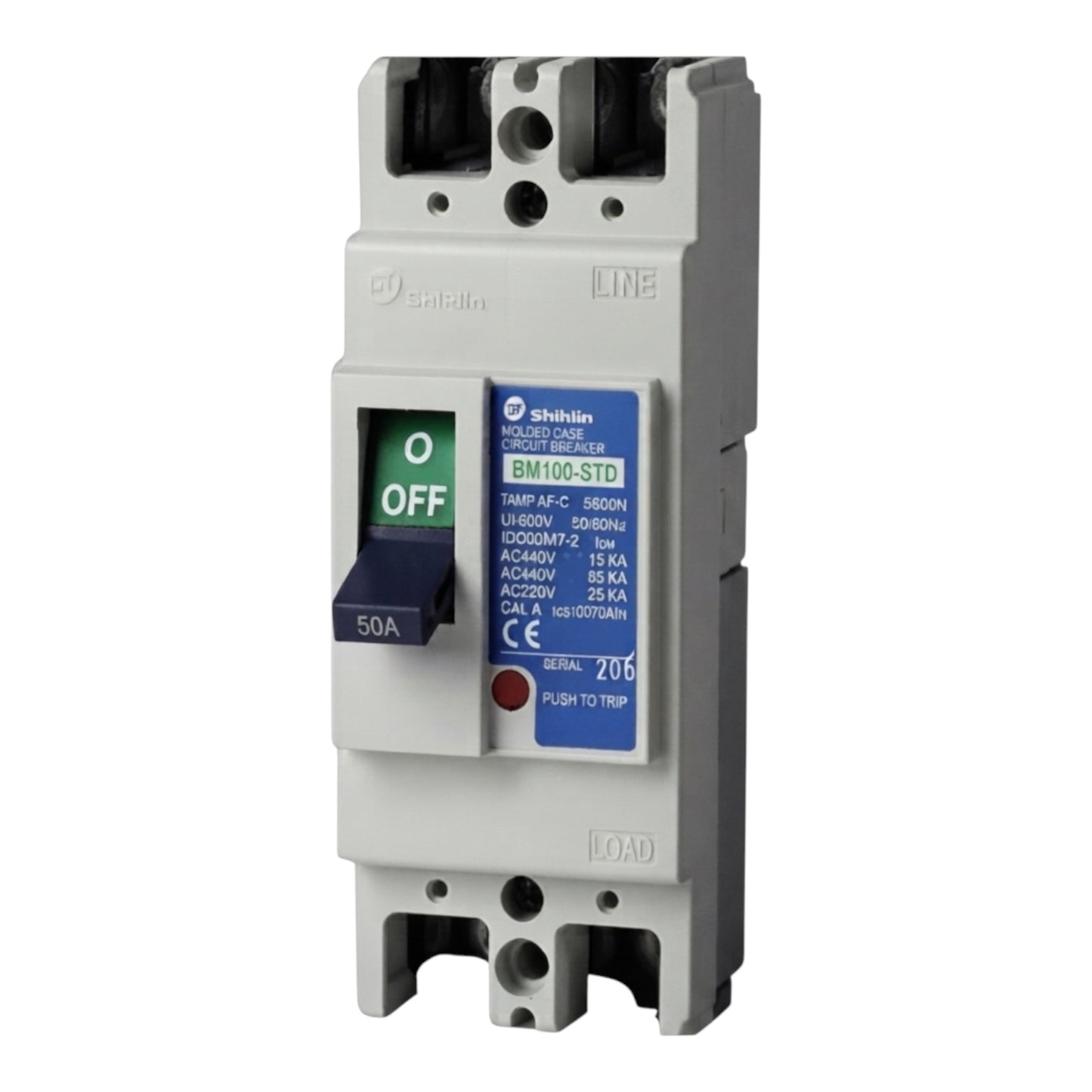 A Shihlin BM100-STD molded circuit breaker with a gray plastic housing, featuring a black and blue switch handle showing the 'OFF' position, and a blue technical specification label.