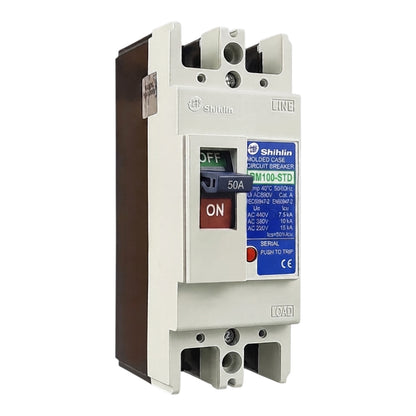 Shihlin BM100-STD 50A molded circuit breaker with a white front, brown side, and blue label, shown on a white background.