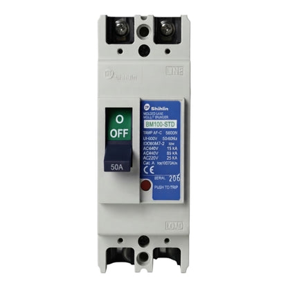 A Shihlin Electric BM100-STD AC circuit breaker with a white plastic housing, a blue and green O-Find switch, and a blue technical specification label.