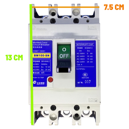 A molded circuit breaker shown front-on against a white background, with measurement annotations: a green vertical line labeled 13 CM on the left and an orange horizontal line labeled 7.5 CM on the top.
