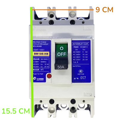 A molded case circuit breaker shown front-on against a white background, with measurement annotations: a green vertical line labeled 15.5 CM and an orange horizontal line labeled 9 CM.