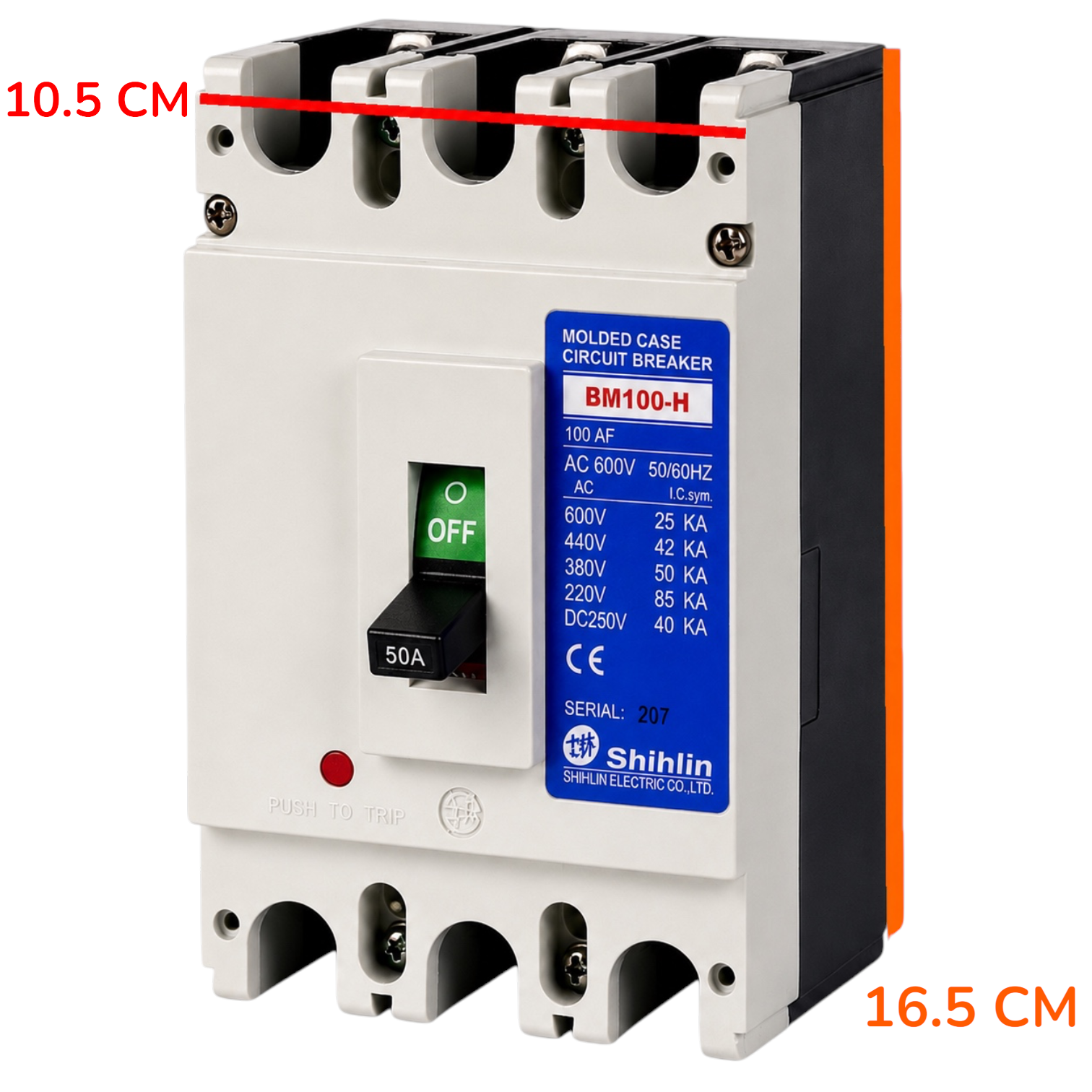 A Shihlin BM100-H molded case circuit breaker shown on a plain white background, with red dimension lines and text indicating 10.5 cm width and 16.
