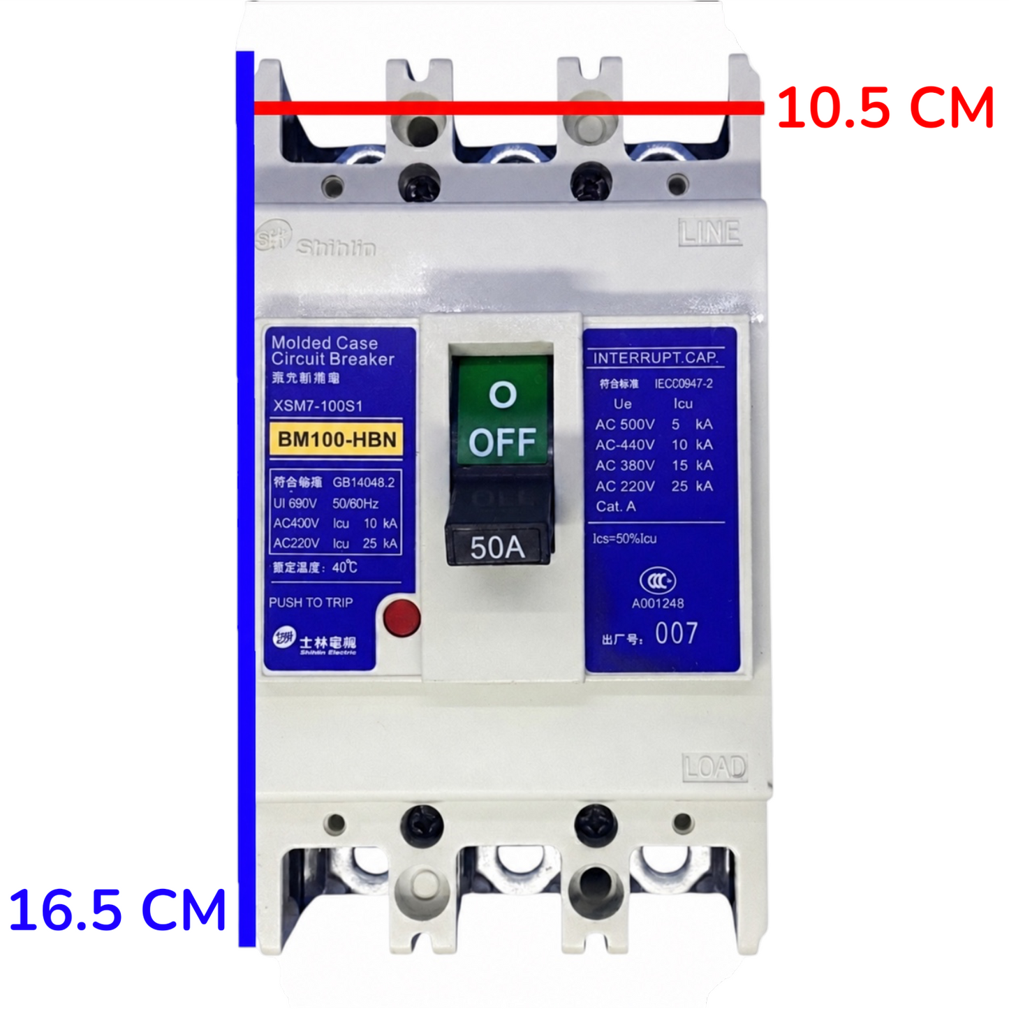 Shihlin BM100-HN molded circuit breaker with dimension annotations showing 15.5 cm height, 6.