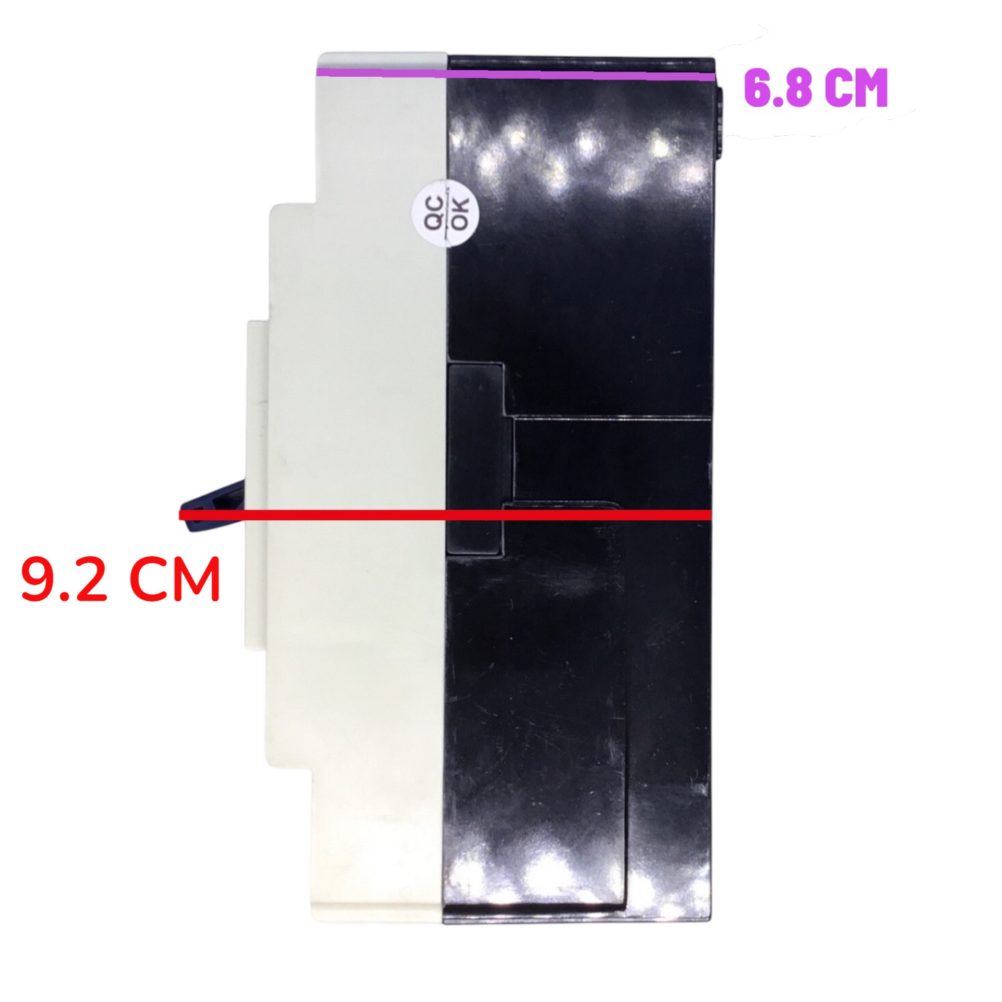 A replacement electronic battery or power cell shown from the side, with dimension annotations indicating 9.2 cm width and 6.