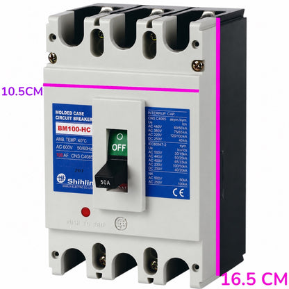 Shihlin BM100-HC molded case circuit breaker with dimension overlays showing 16.5 cm height and 10.