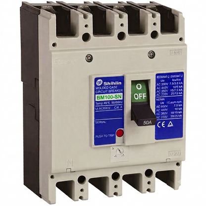 Shihin BM100-5N molded case circuit breaker with a beige plastic housing, black terminal blocks, blue labels, and a black switch handle showing the OFF position.