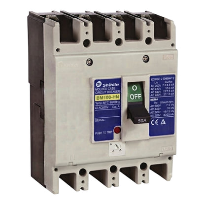 Shihlin BM100-HN molded circuit breaker, 3P, 50A, 400V AC, shown on a white background.