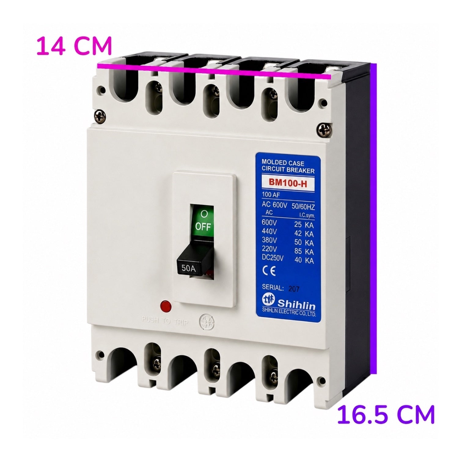 A white and black circuit breaker with a blue label, shown on a white background with pink dimension lines indicating 14 cm width and 16.5 cm height.