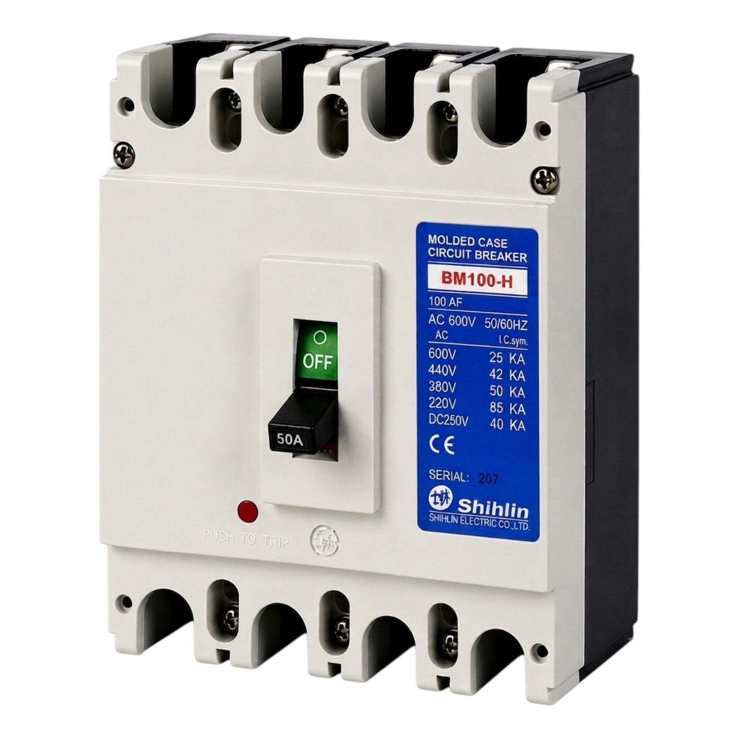 Shihlin BM100-H molded case circuit breaker with a white front, black side housing, and a blue technical specification label.