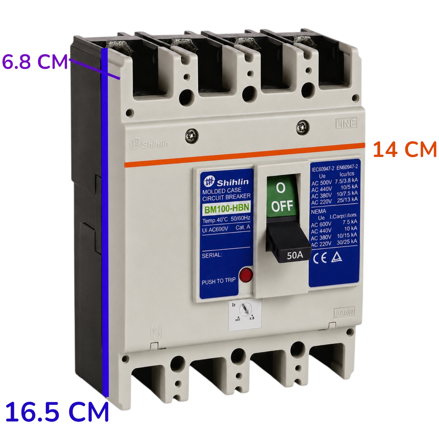 A Shihlin molded case circuit breaker shown from the front with dimension labels in purple: 6.8 cm width, 14 cm depth, and 16.