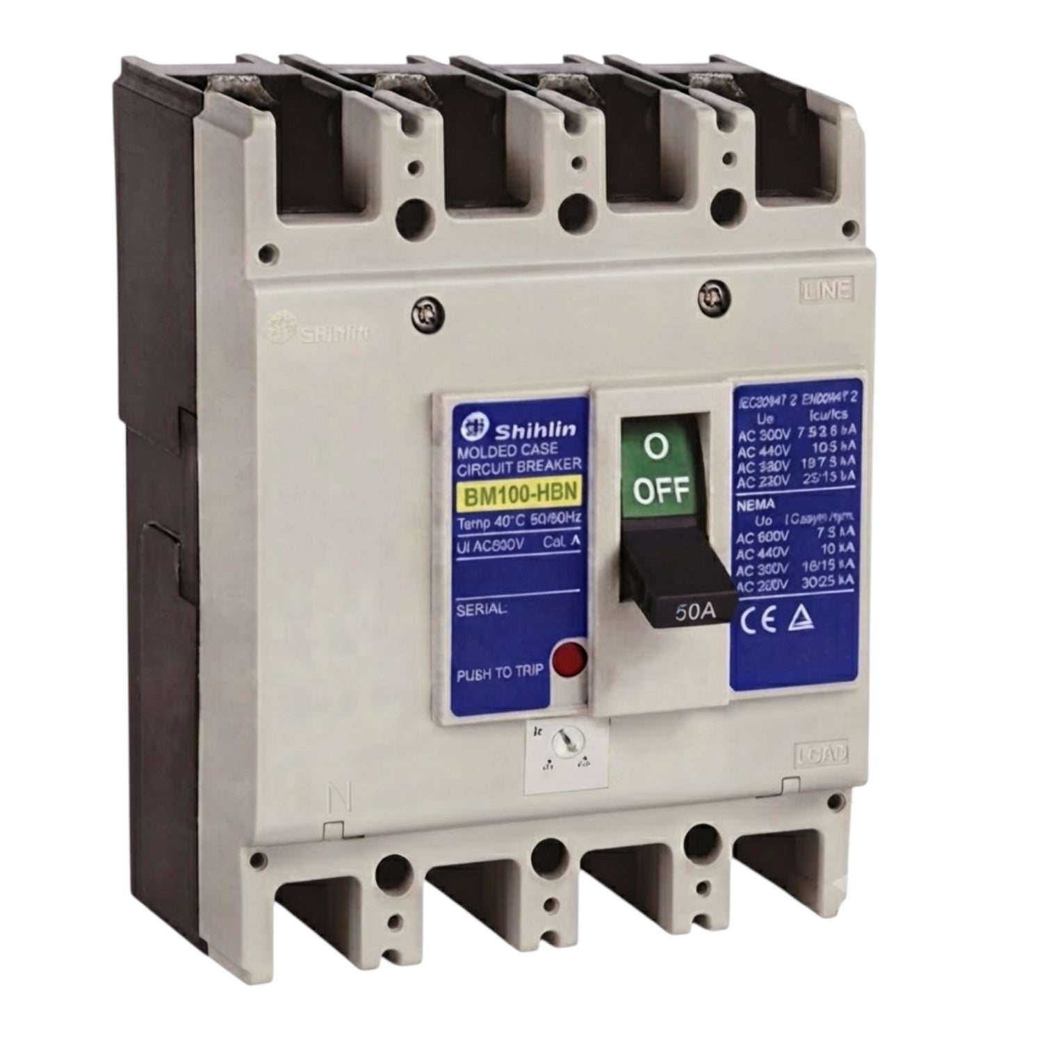 Shihlin BM100-HBN molded circuit breaker with a beige plastic housing, dark gray terminal blocks, blue and yellow labels, and a black switch in the OFF position.
