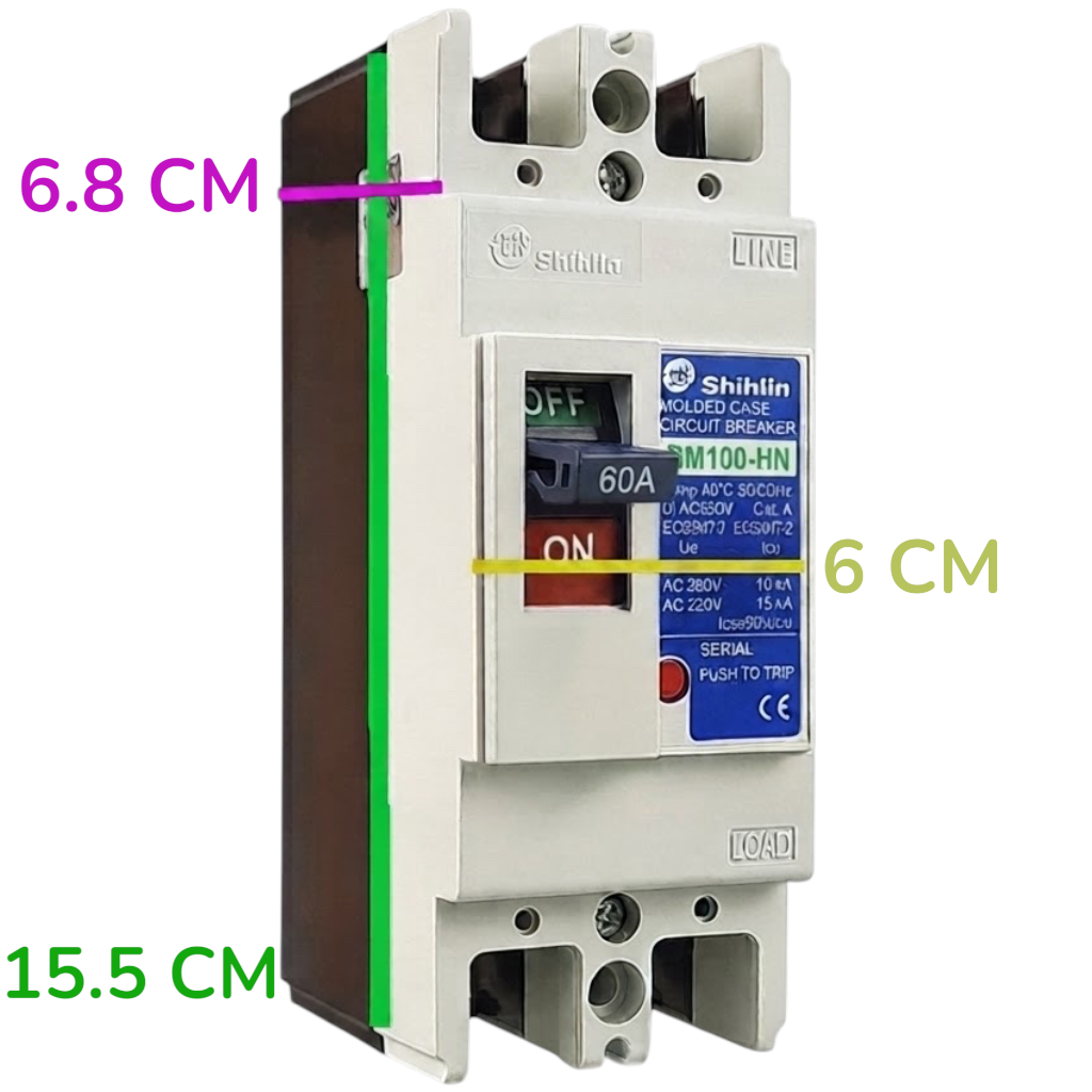 Shihlin BM100-HN AC/DC circuit breaker with dimension annotations showing 15.5 cm width, 6 cm front switch area, and 6.