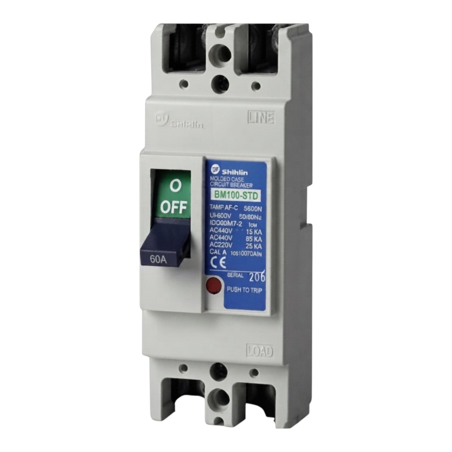 A Shihlin Electric BM100-STD 60A modular circuit breaker with a gray plastic housing, a blue and white product label, and a black handle showing the 'O' position.