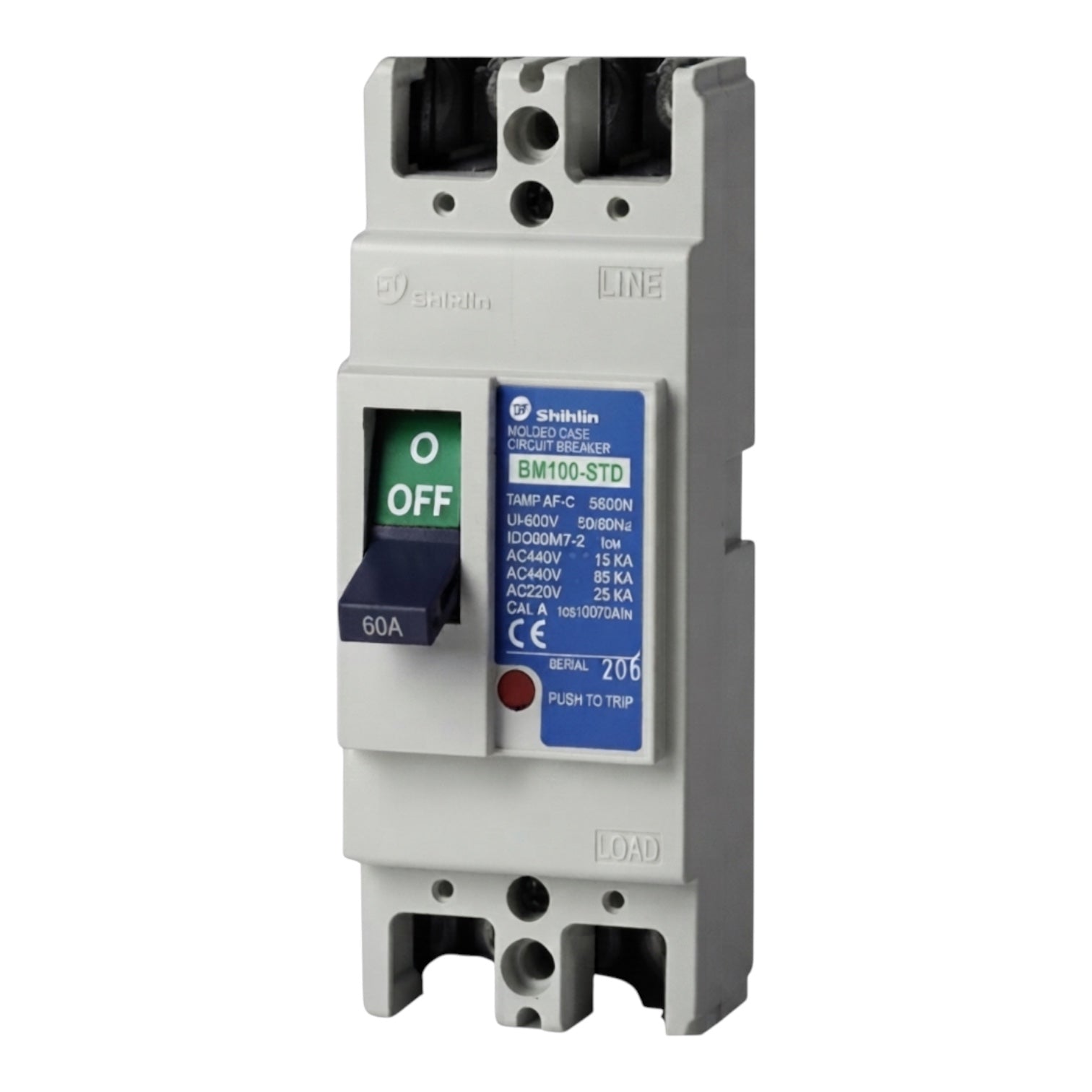 A Shihlin Electric BM100-STD 60A modular circuit breaker with a gray plastic housing, a blue and white product label, and a black handle showing the 'O' position.