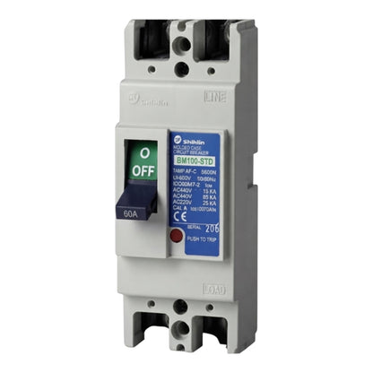 A Shihlin Electric BM100-STD 60A modular circuit breaker with a gray plastic housing, a blue and white product label, and a black handle showing the 'O' position.