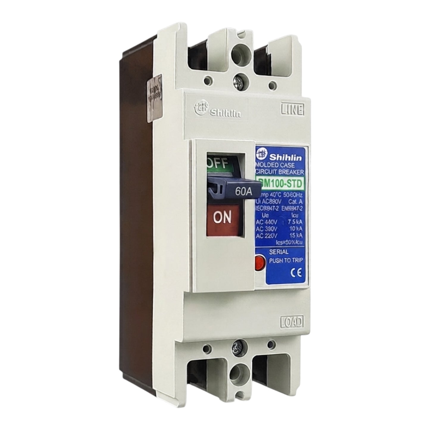 Shihlin BM100-STD 60A molded circuit breaker with a white front, brown side, and blue label, shown on a white background.