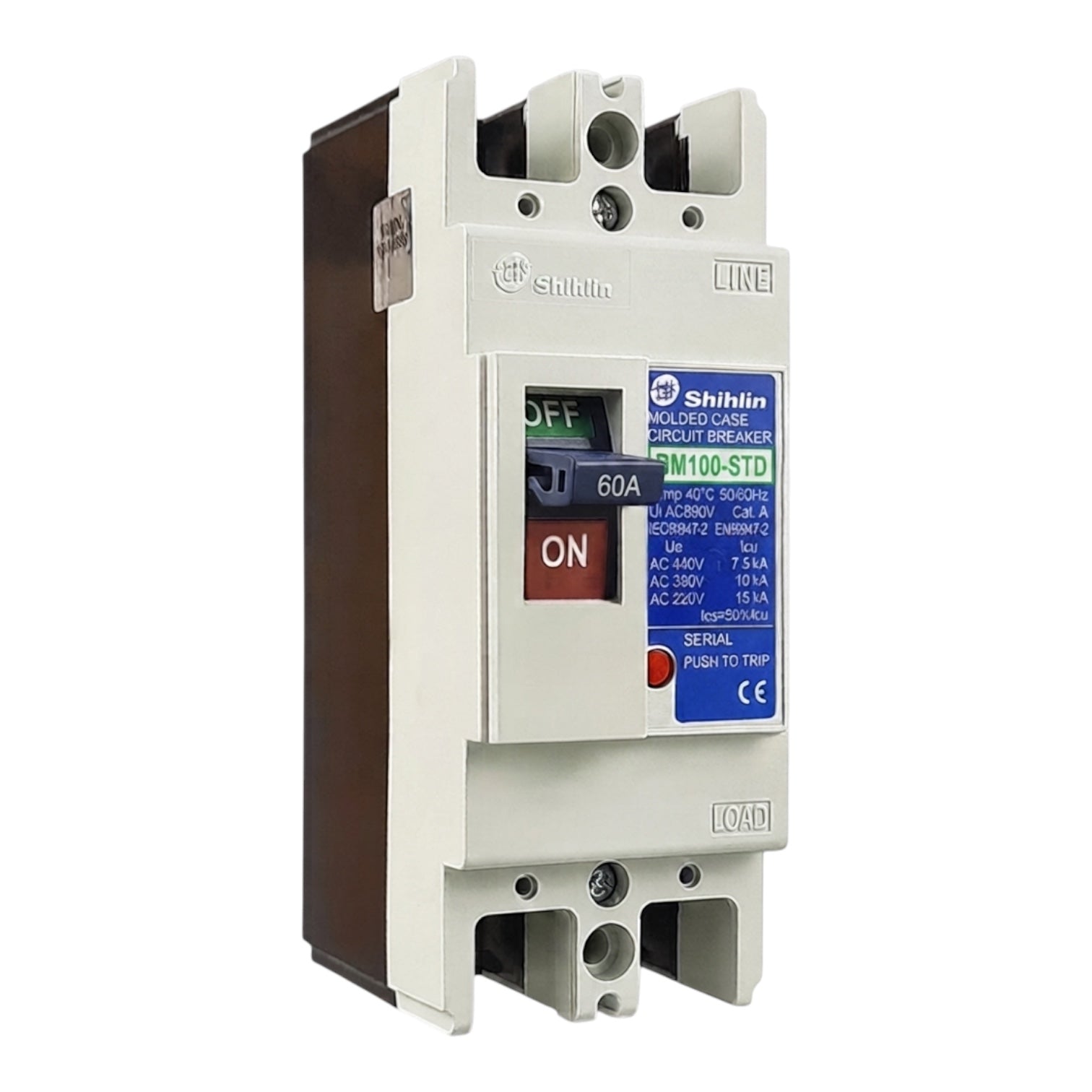 Shihlin BM100-STD 60A molded circuit breaker with a white front, brown side, and blue label, shown on a white background.