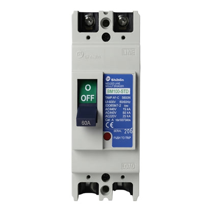 Shihlin BM100-STD AC 220V 60A molded circuit breaker with a blue and green switch handle, shown on a plain white background.