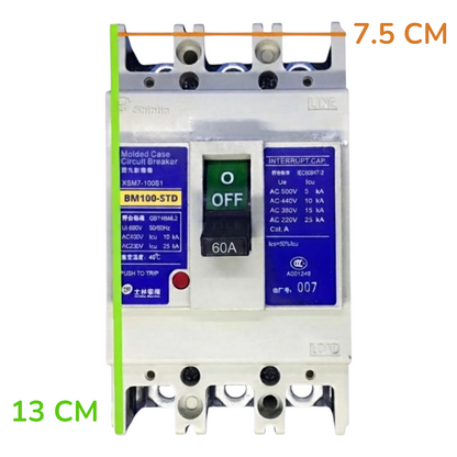 A molded case circuit breaker shown front-on against a plain white background, with green and orange measurement overlays indicating 13 cm height and 7.5 cm width.
