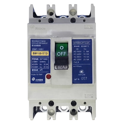 A Shihlin molded case circuit breaker with a 60A rating, featuring blue and white panels with technical specifications, a green and black switch, and terminal blocks at the top and bottom.