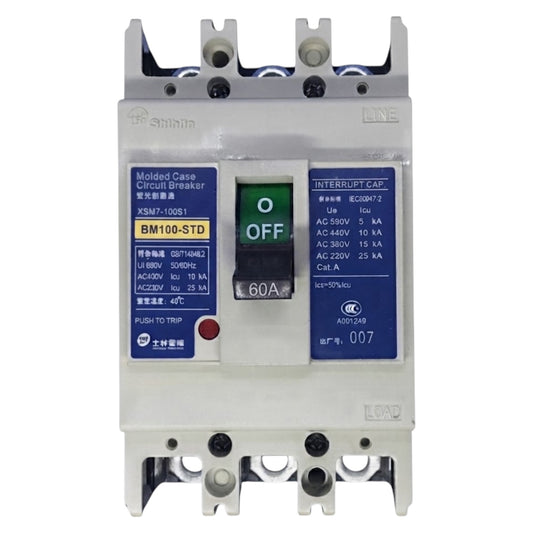 A Shihlin molded case circuit breaker with a 60A rating, featuring blue and white panels with technical specifications, a green and black switch, and terminal blocks at the top and bottom.