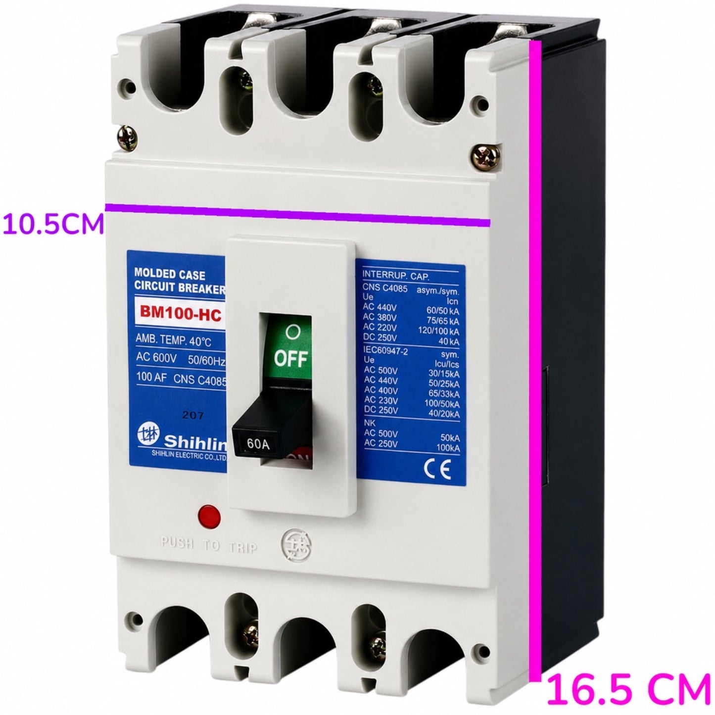 Shihlin BM100-HC molded case circuit breaker with dimension annotations showing 10.5 cm width and 16.