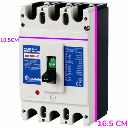 Shihlin BM100-HC molded case circuit breaker with dimension annotations showing 10.5 cm width and 16.