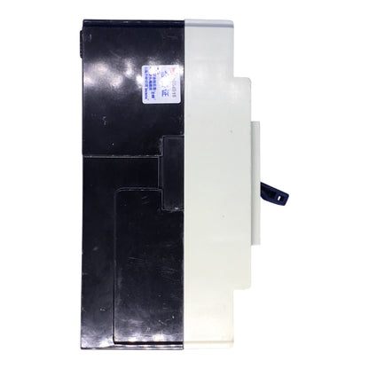 A black and white plastic electrical component or switch module with a small blue and white sticker on the side, shown against a plain white background.