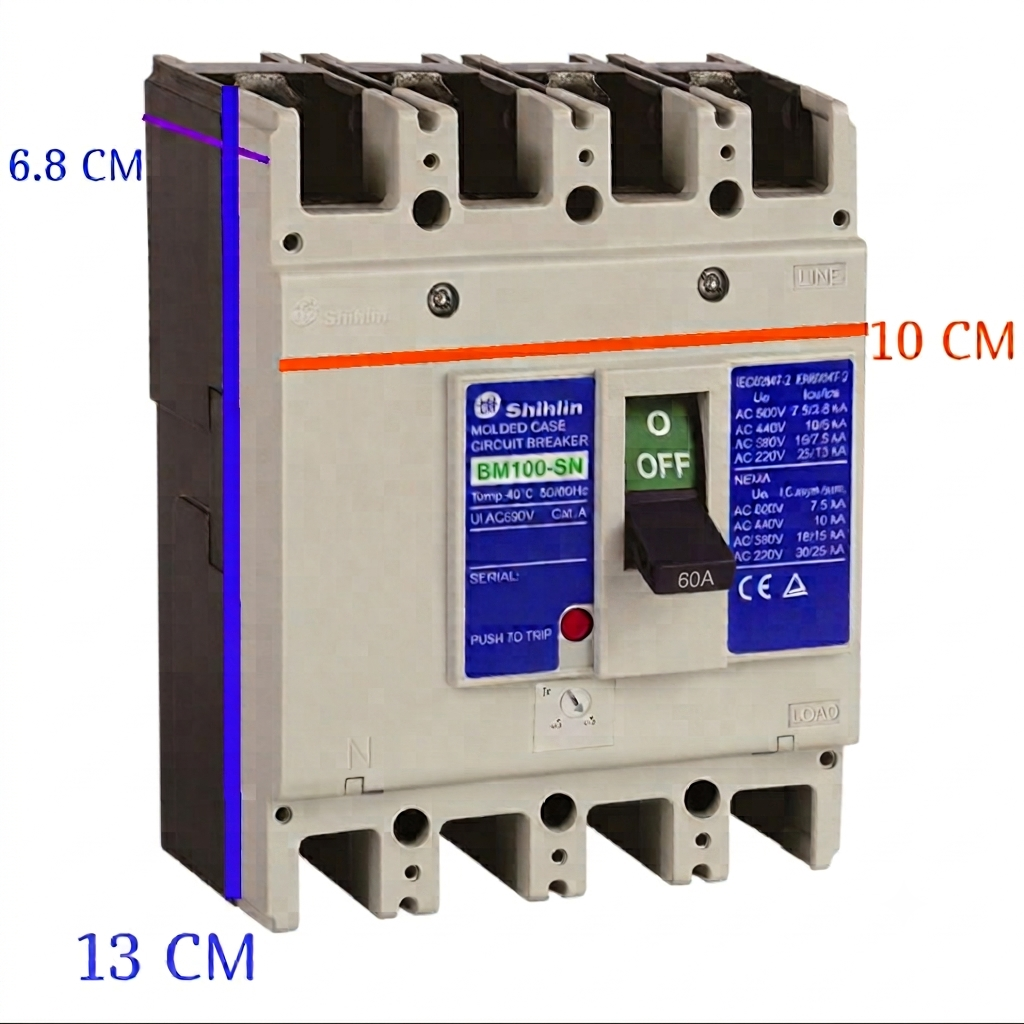 A Shihlin dual-contact circuit breaker with dimension annotations showing 6.8 cm width, 10 cm height, and 13 cm depth on a plain white background.