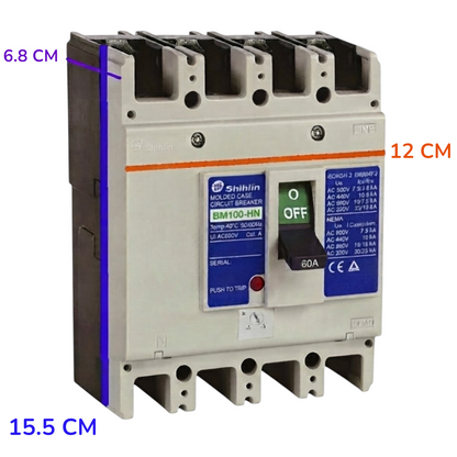 A Shihlin molded case circuit breaker shown on a plain white background with purple dimension lines and text indicating 6.8 cm, 12 cm, and 15.