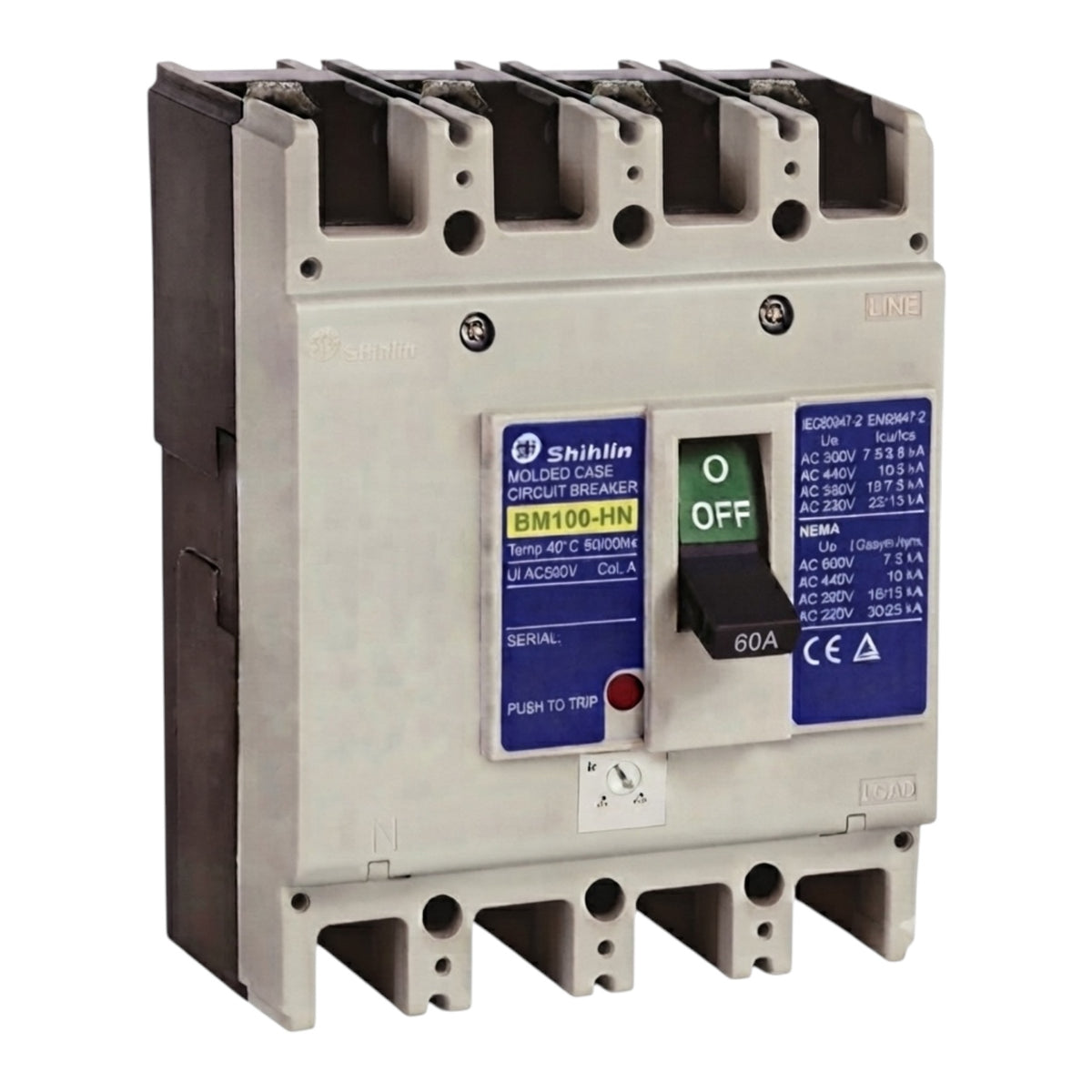 A molded case circuit breaker (MCCB) with a white plastic body, blue and yellow labels, and a central green and black switch. The brand 'Sunfire' is visible on the top left.
