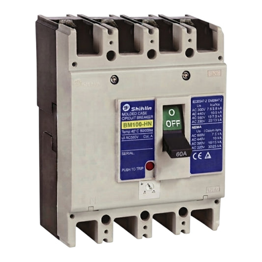 A molded case circuit breaker (MCCB) with a white plastic body, blue and yellow labels, and a central green and black switch. The brand 'Sunfire' is visible on the top left.