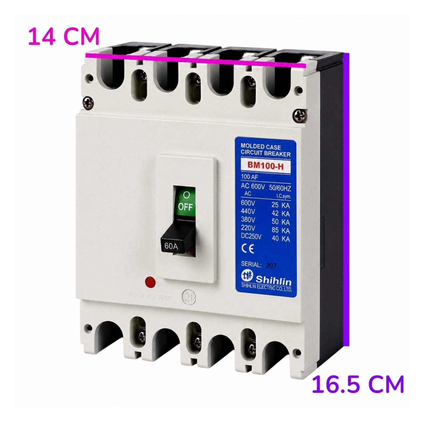 A Shihlin BM100-H molded case circuit breaker shown on a white background with pink and purple dimension overlays indicating 14 cm and 16.5 cm.