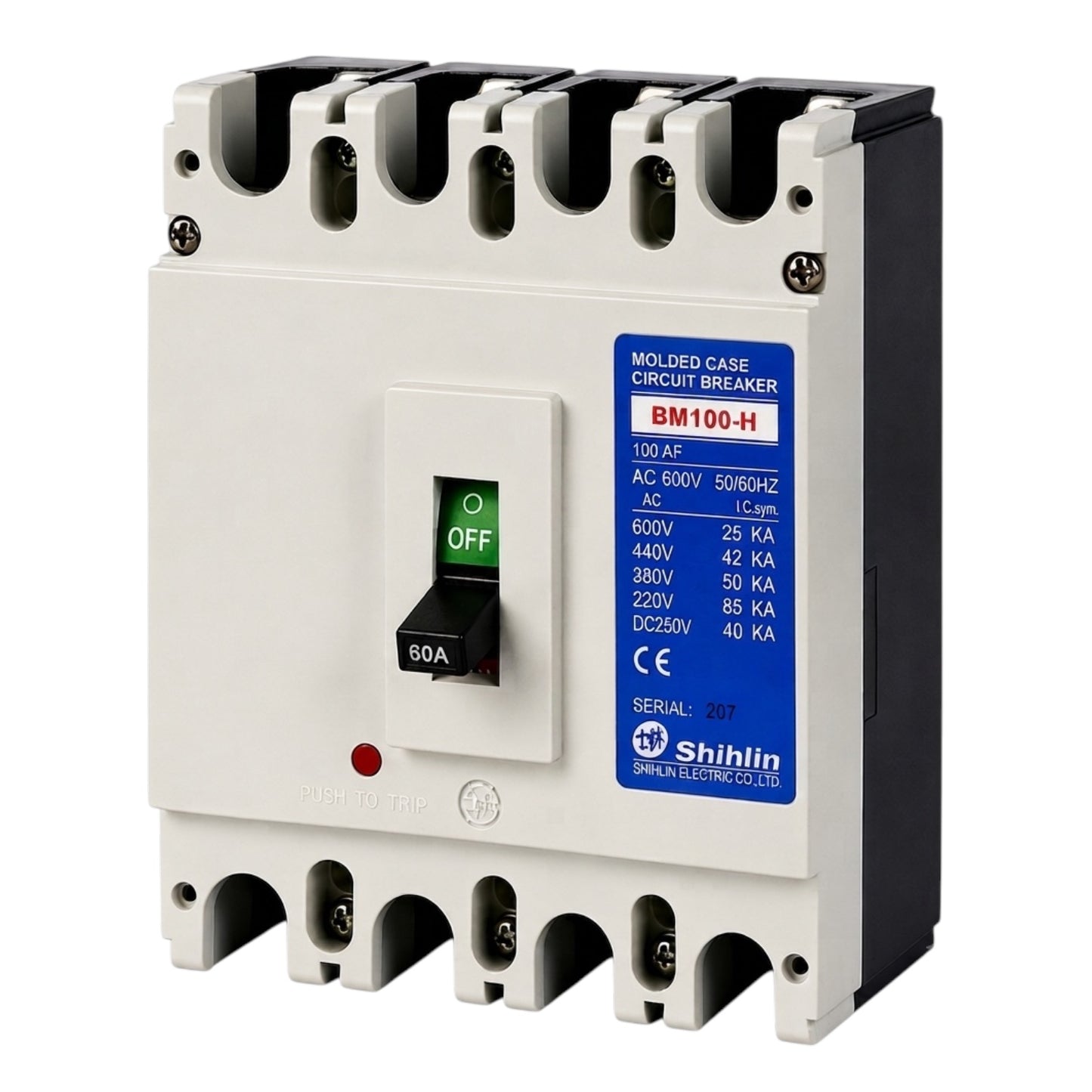 Shihlin BM100-H molded case circuit breaker with a white front panel, black side housing, top and bottom terminal clips, a black switch handle with a green OFF indicator, and a blue product label.