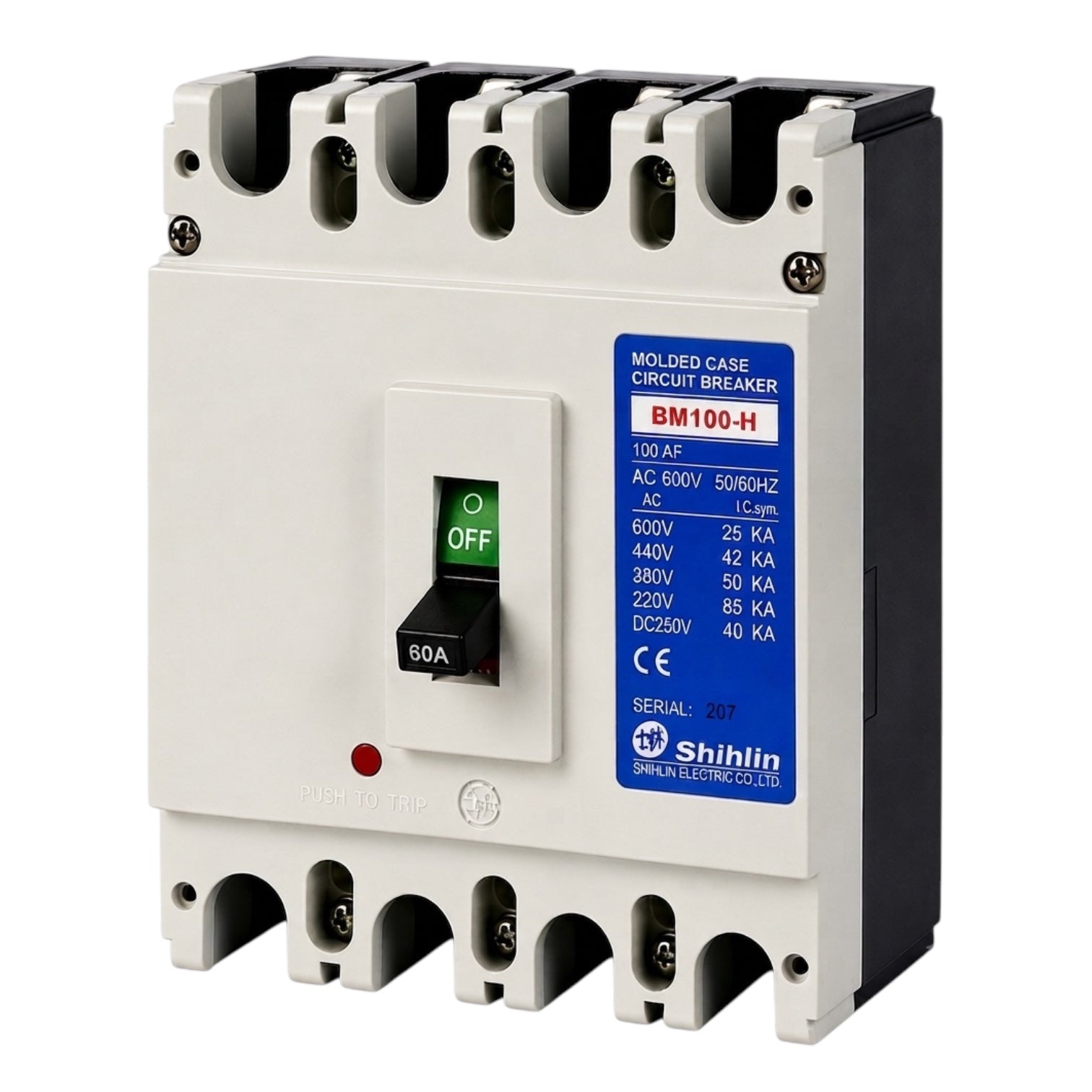 Shihlin BM100-H molded case circuit breaker with a white front panel, black side housing, top and bottom terminal clips, a black switch handle with a green OFF indicator, and a blue product label.