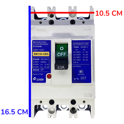 A molded case circuit breaker with dimension annotations showing 10.5 cm width and 16.