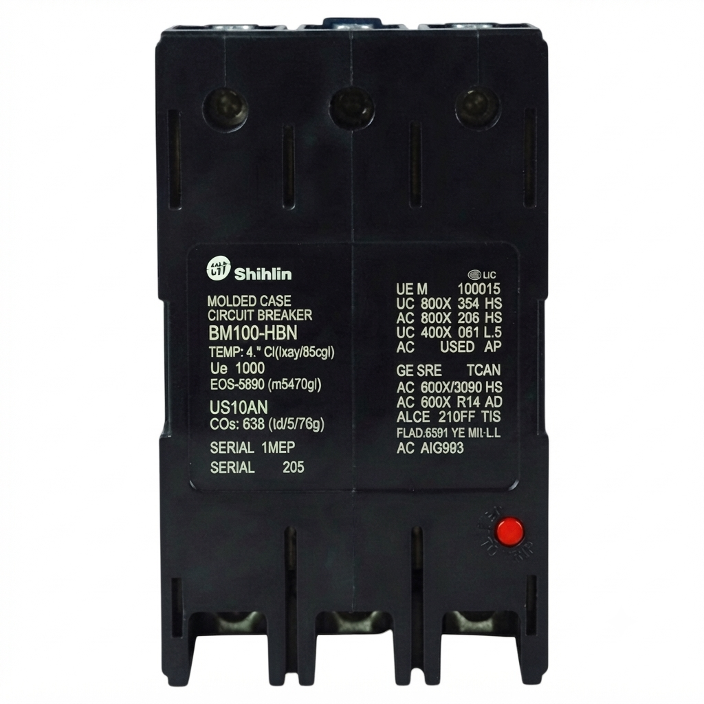 A Shihlin molded circuit breaker, model BM100-HBN, in a black plastic case with white printed technical specifications and a small red reset button, shown against a plain white background.