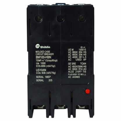 A Shihlin molded circuit breaker, model BM100-HBN, in a black plastic case with white printed technical specifications and a small red reset button, shown against a plain white background.