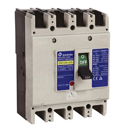 Shihlin BM100-HBN moulded circuit breaker with a front-mounted switch, featuring blue and green labels on a light gray plastic housing.